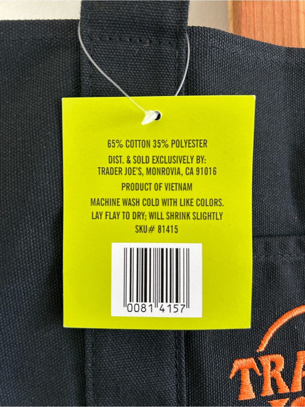 Trader Joe's Black Canvas Tote with Orange Logo - Picture 2 of 3